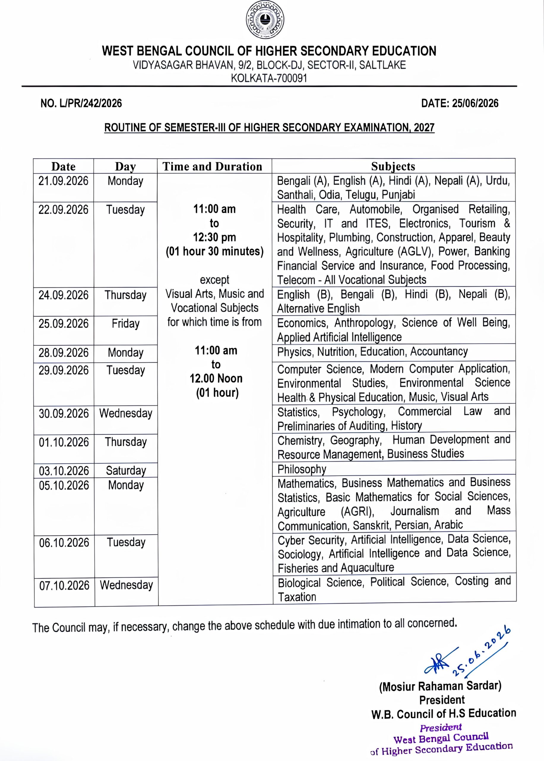 WBCHSE Semester 3 Routine 2027 official notice released by West Bengal Board